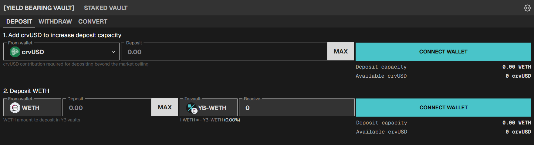 Deposit tab: add crvUSD backing (step 1), then deposit WETH into the YB pool (step 2)